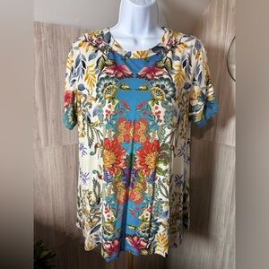 Johnny Was Blu Fav Swing Short Sleeve Tee Blue Cream Floral